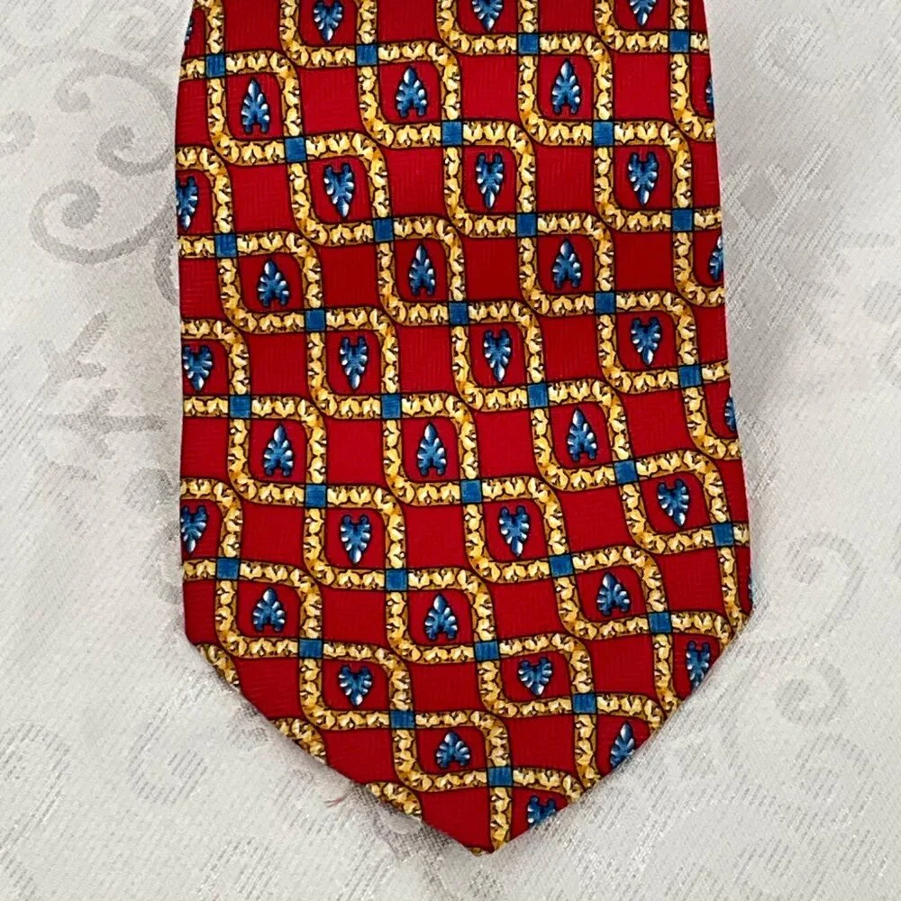 Giampiero Valenti Mens 100% Silk Red & Gold Geometric Pattern Tie Made‎ In Italy
